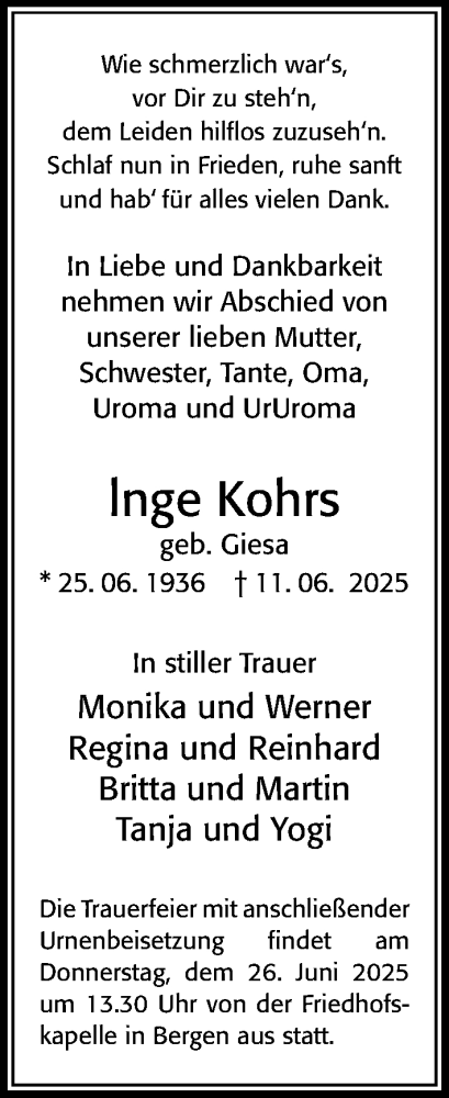 Traueranzeige von Inge Kohrs von Cellesche Zeitung