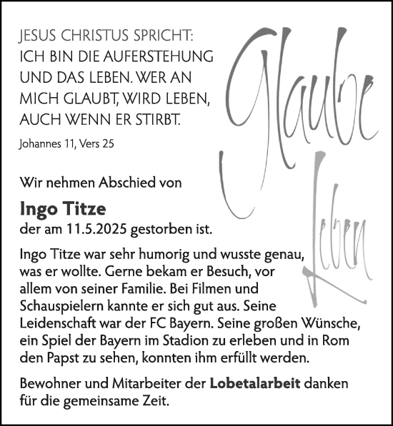 Traueranzeige von Ingo Titze von Cellesche Zeitung