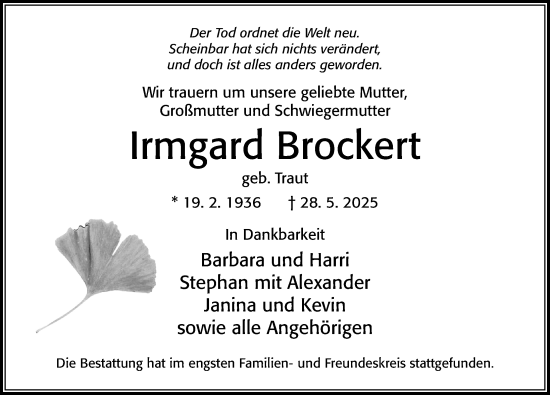Traueranzeige von Irmgard Brockert von Cellesche Zeitung