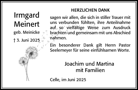 Traueranzeige von Irmgard Meinert von Cellesche Zeitung