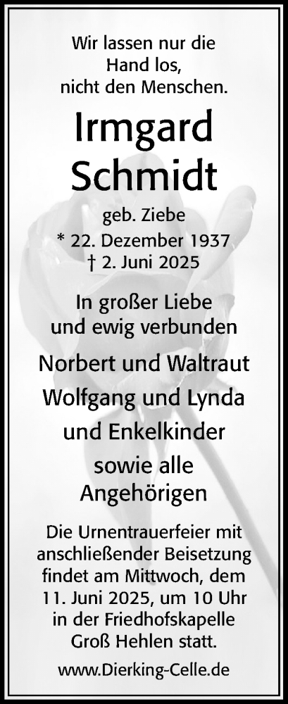 Traueranzeige von Irmgard Schmidt von Cellesche Zeitung