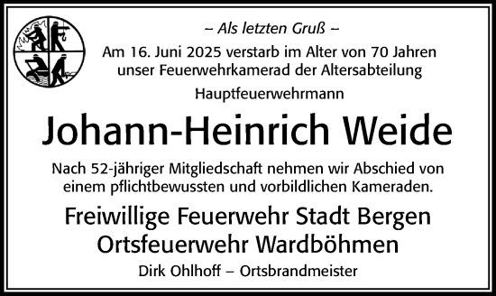 Traueranzeige von Johann-Heinrich Weide von Cellesche Zeitung