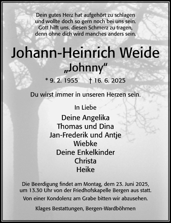 Traueranzeige von Johann-Heinrich Weide von Cellesche Zeitung