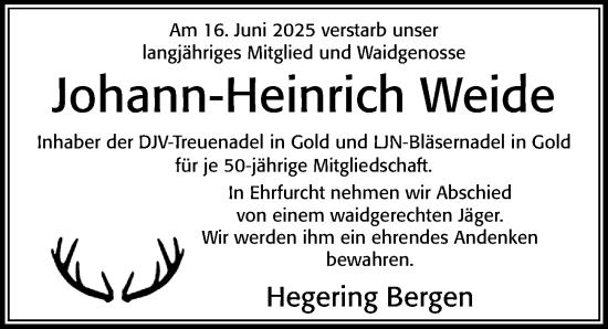 Traueranzeige von Johann-Heinrich Weide von Cellesche Zeitung