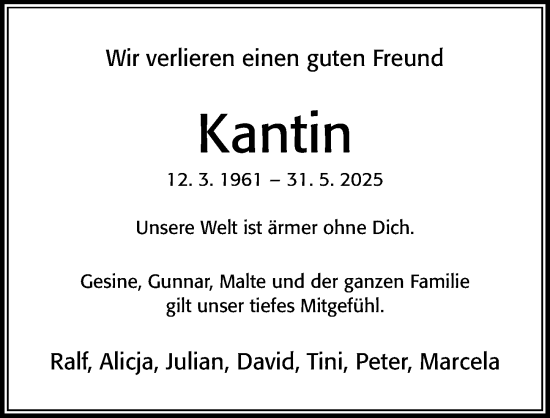 Traueranzeige von Kantin  von Cellesche Zeitung