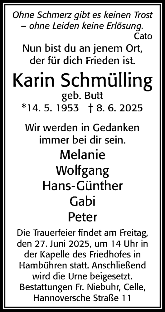 Traueranzeige von Karin Schmülling von Cellesche Zeitung