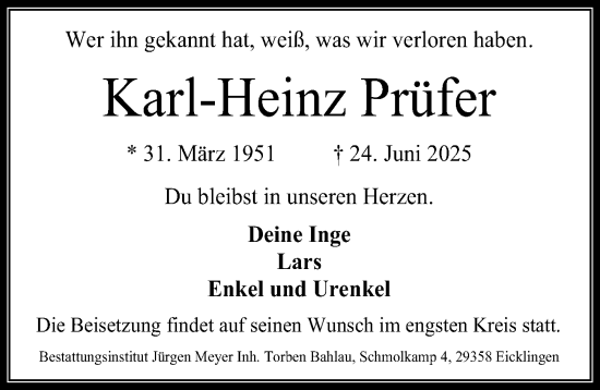 Traueranzeige von Karl-Heinz Prüfer von Cellesche Zeitung