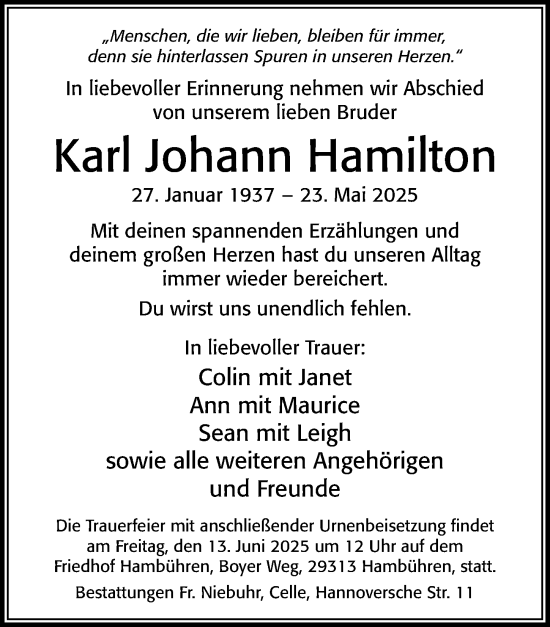 Traueranzeige von Karl Johann Hamilton von Cellesche Zeitung