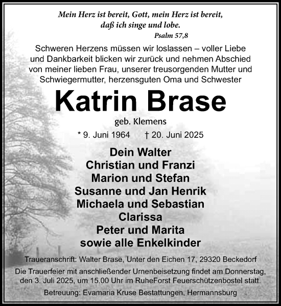 Traueranzeige von Katrin Brase von Cellesche Zeitung