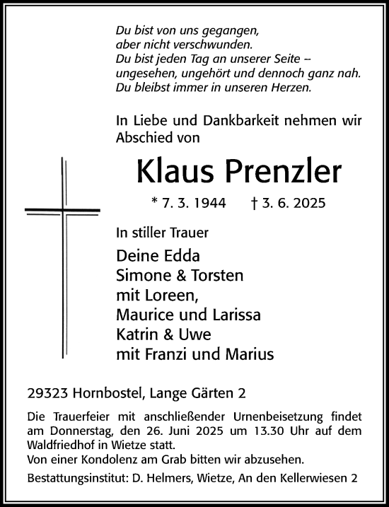 Traueranzeige von Klaus Prenzler von Cellesche Zeitung