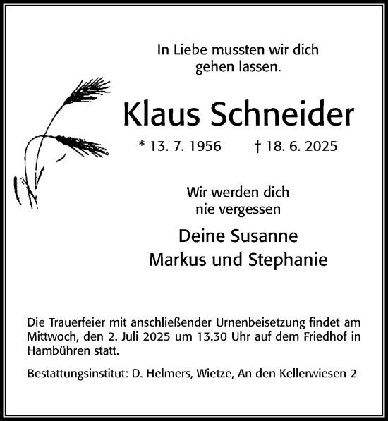 Traueranzeige von Klaus Schneider von Cellesche Zeitung