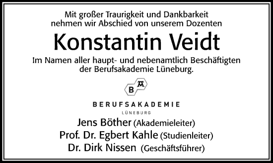 Traueranzeige von Konstantin Veidt von Cellesche Zeitung