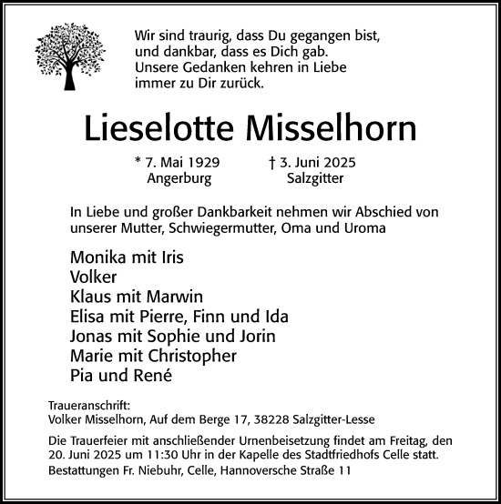 Traueranzeige von Lieselotte Misselhorn von Cellesche Zeitung