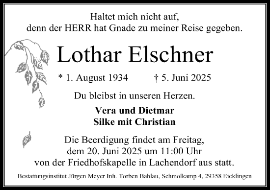 Traueranzeige von Lothar Elschner von Cellesche Zeitung