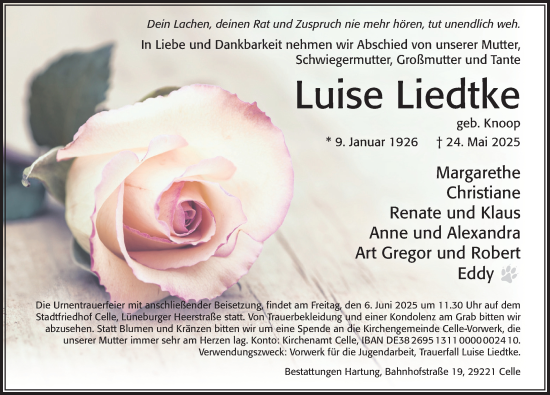 Traueranzeige von Luise Liedtke von Cellesche Zeitung