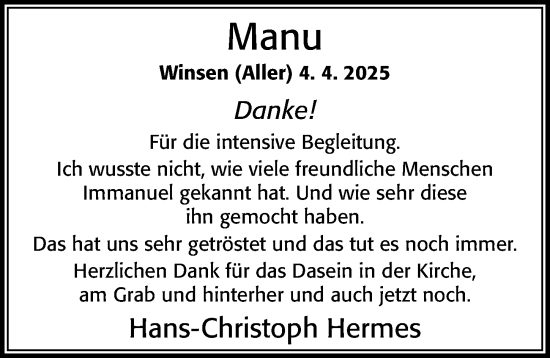 Traueranzeige von Manu  von Cellesche Zeitung