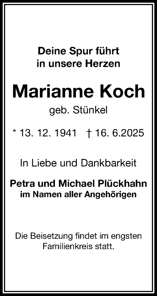 Traueranzeige von Marianne Koch von Cellesche Zeitung