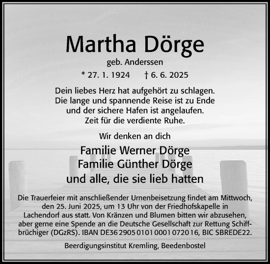 Traueranzeige von Martha Dörge von Cellesche Zeitung