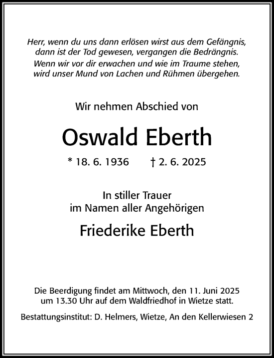 Traueranzeige von Oswald Eberth von Cellesche Zeitung