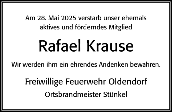 Traueranzeige von Rafael Krause von Cellesche Zeitung