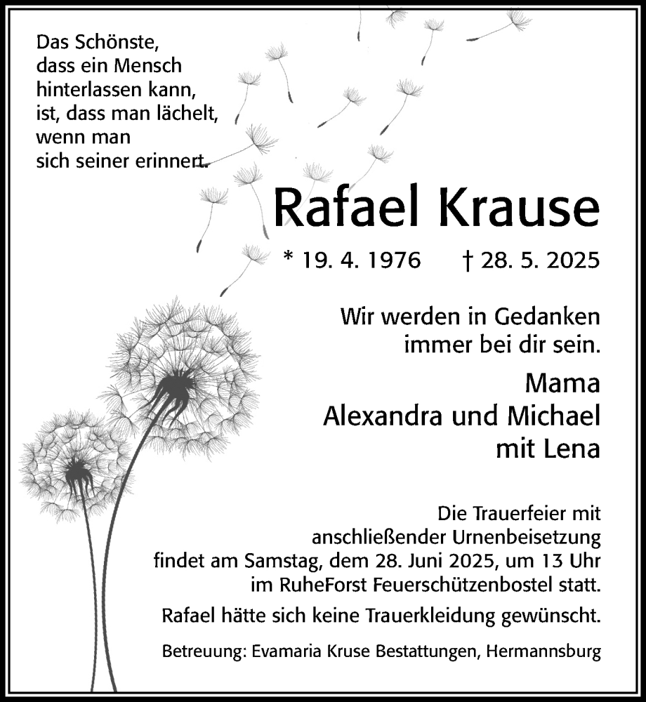  Traueranzeige für Rafael Krause vom 27.06.2025 aus Cellesche Zeitung