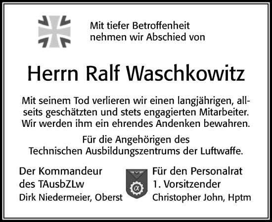 Traueranzeige von Ralf Waschkowitz von Cellesche Zeitung