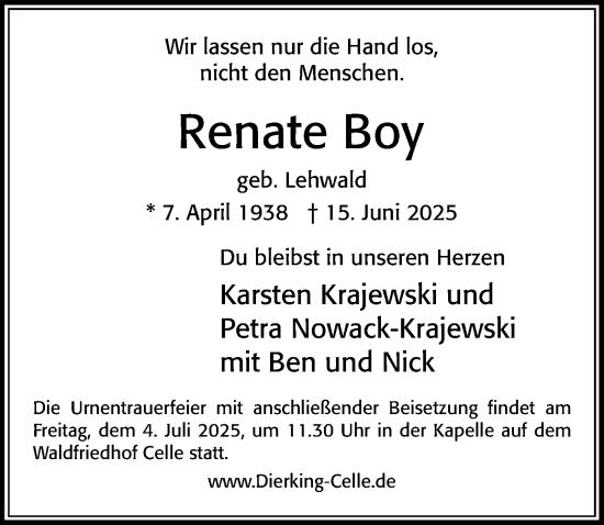 Traueranzeige von Renate Boy von Cellesche Zeitung