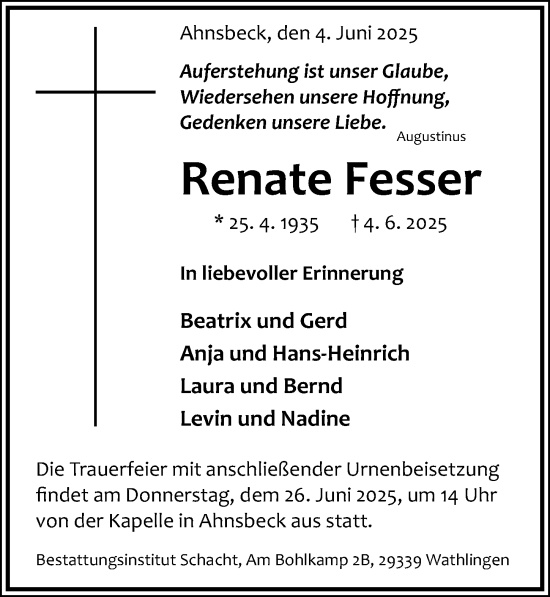 Traueranzeige von Renate Fesser von Cellesche Zeitung