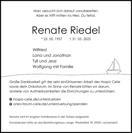 Traueranzeige von Renate Riedel von Cellesche Zeitung