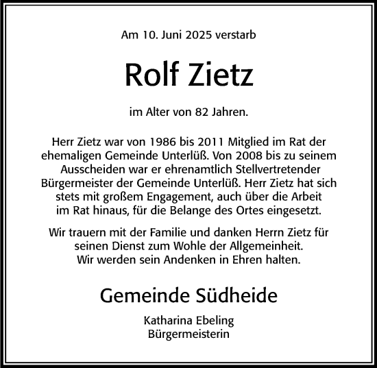 Traueranzeige von Rolf Zietz von Cellesche Zeitung