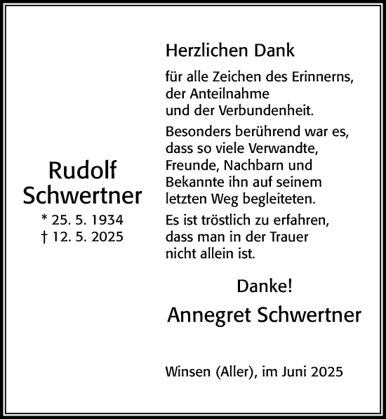 Traueranzeige von Rudolf Schwertner von Cellesche Zeitung