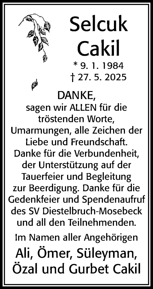 Traueranzeige von Selcuk Cakil von Cellesche Zeitung
