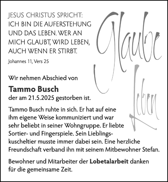 Traueranzeige von Tammo Busch von Cellesche Zeitung
