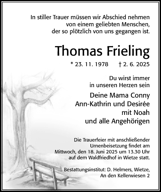 Traueranzeige von Thomas Frieling von Cellesche Zeitung