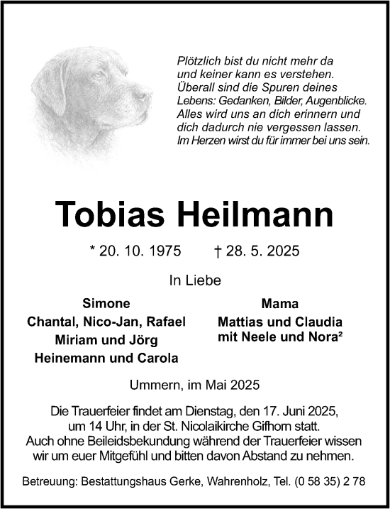 Traueranzeige von Tobias Heilmann von Cellesche Zeitung