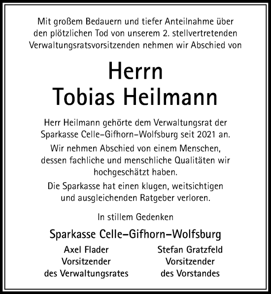 Traueranzeige von Tobias Heilmann von Cellesche Zeitung