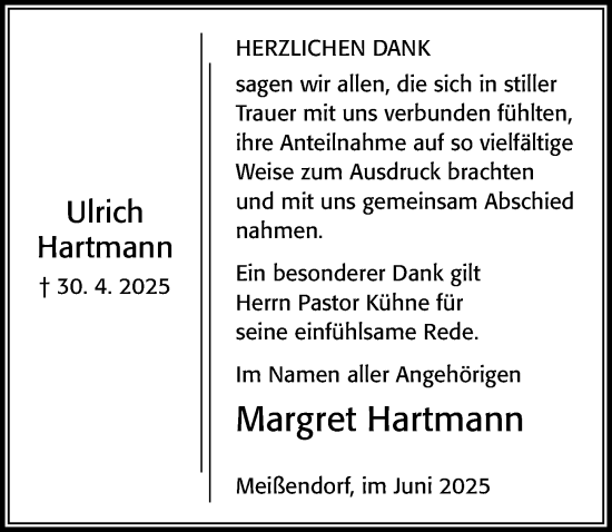 Traueranzeige von Ulrich Hartmann von Cellesche Zeitung