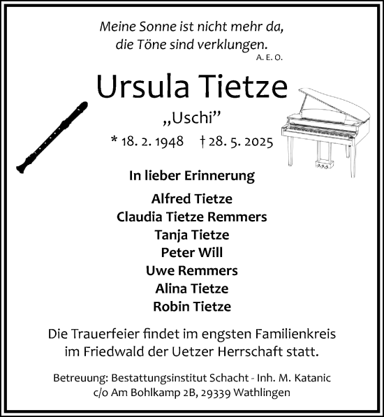 Traueranzeige von Ursula Tietze von Cellesche Zeitung