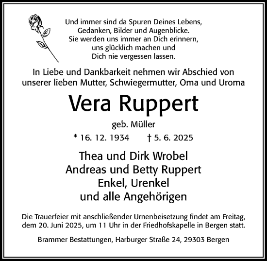 Traueranzeige von Vera Ruppert von Cellesche Zeitung