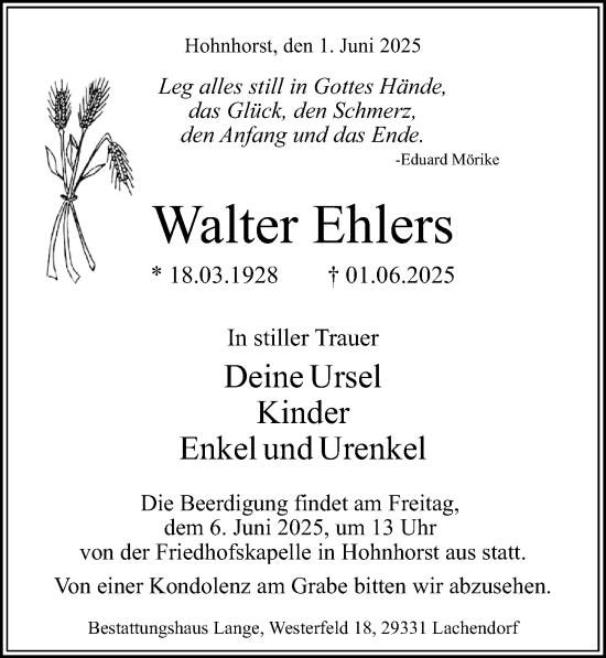 Traueranzeige von Walter Ehlers von Cellesche Zeitung