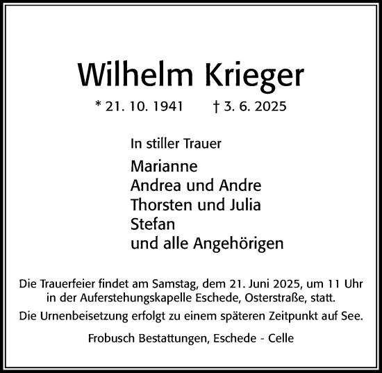 Traueranzeige von Wilhelm Krieger von Cellesche Zeitung