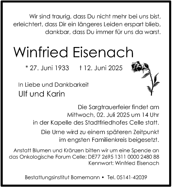 Traueranzeige von Winfried Eisenach von Cellesche Zeitung