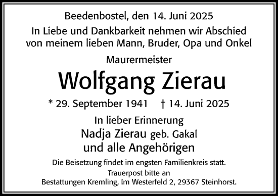 Traueranzeige von Wolfgang Zierau von Cellesche Zeitung