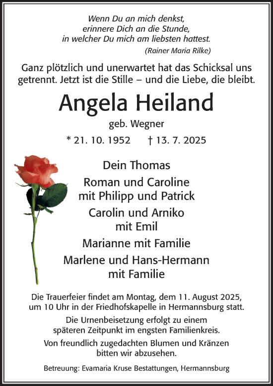 Traueranzeige von Angela Heiland von Cellesche Zeitung