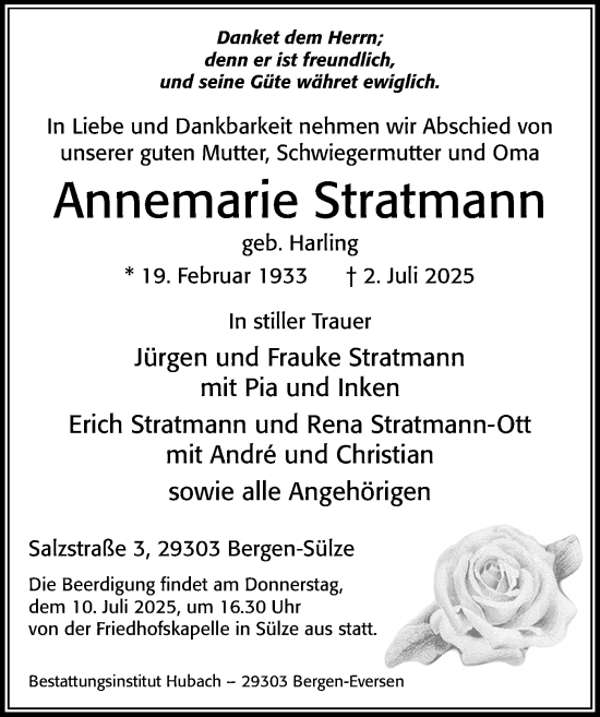Traueranzeige von Annemarie Stratmann von Cellesche Zeitung