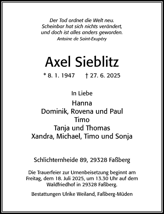 Traueranzeige von Axel Sieblitz von Cellesche Zeitung