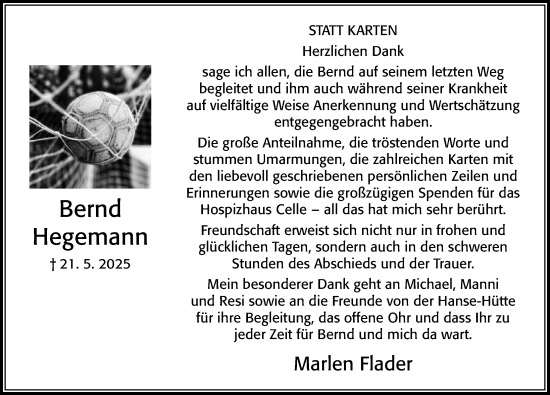 Traueranzeige von Bernd Hegemann von Cellesche Zeitung