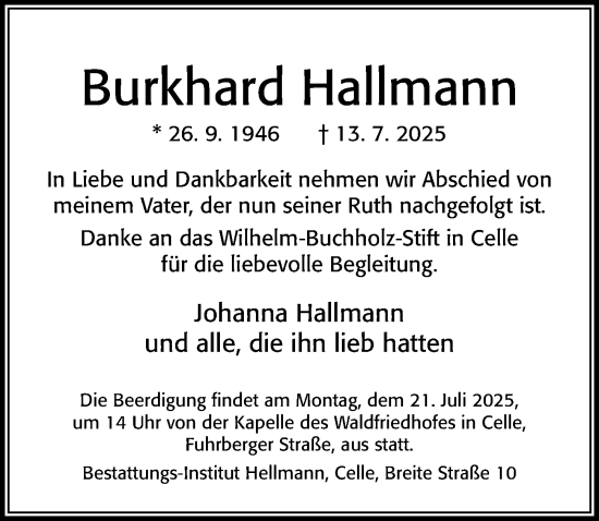 Traueranzeige von Burkhard Hallmann von Cellesche Zeitung