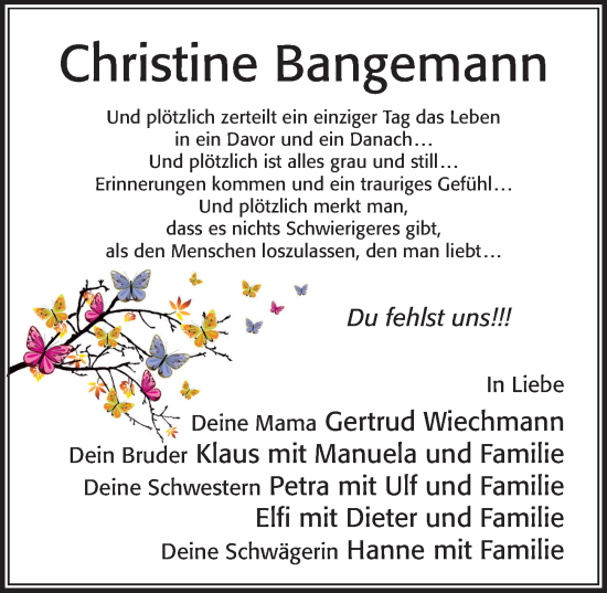 Traueranzeige von Christine Bangemann von Cellesche Zeitung