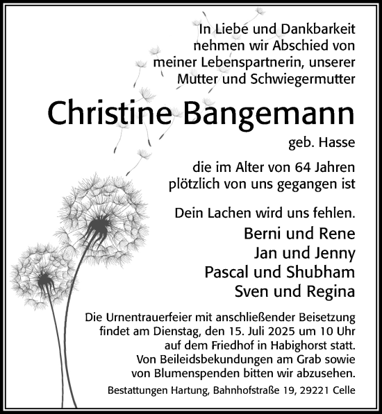 Traueranzeige von Christine Bangemann von Cellesche Zeitung